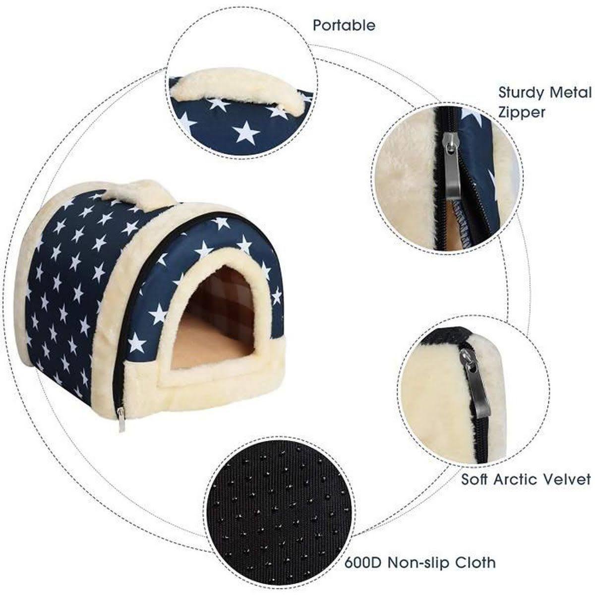 Pet House Kennel Soft Igloo Bed, Warm Cushion - Blue Stars Size S