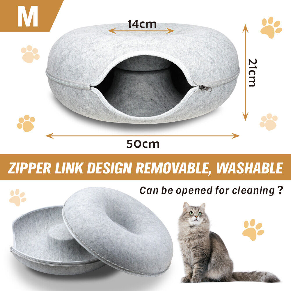 Medium Cat Tunnel Bed Light Grey Felt Pet Puppy Nest Cave House Interactive Toy