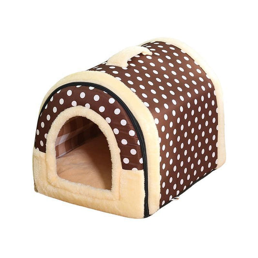 Pet House Kennel Soft Igloo Bed, Warm Cushion - Brown Dots, Small