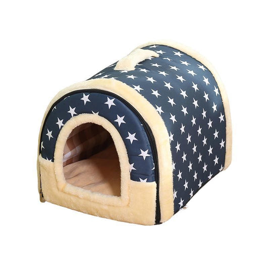 Pet House Kennel Soft Igloo Bed, Warm Cushion - Blue Stars Size S