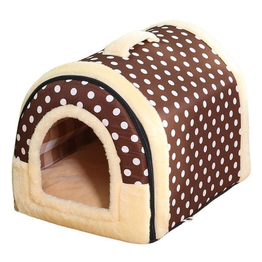 Pet House Kennel Soft Igloo Bed, Warm Cushion - Brown Dots Size XL
