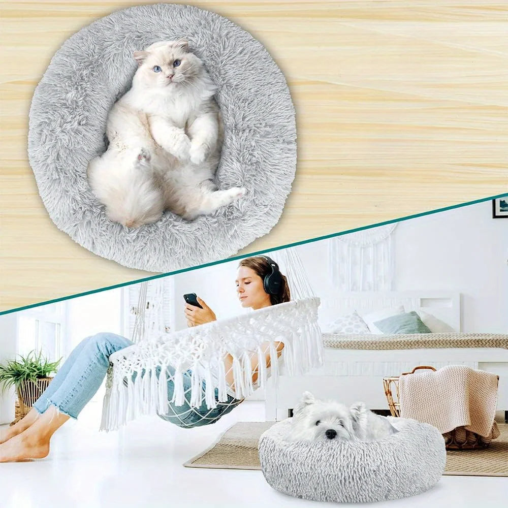 Medium-50cm peach PawfectFriend Dog Pet Cat Calming Bed Plush Beds Large Fluffy Donut Comfy Cushion Puppy Mat