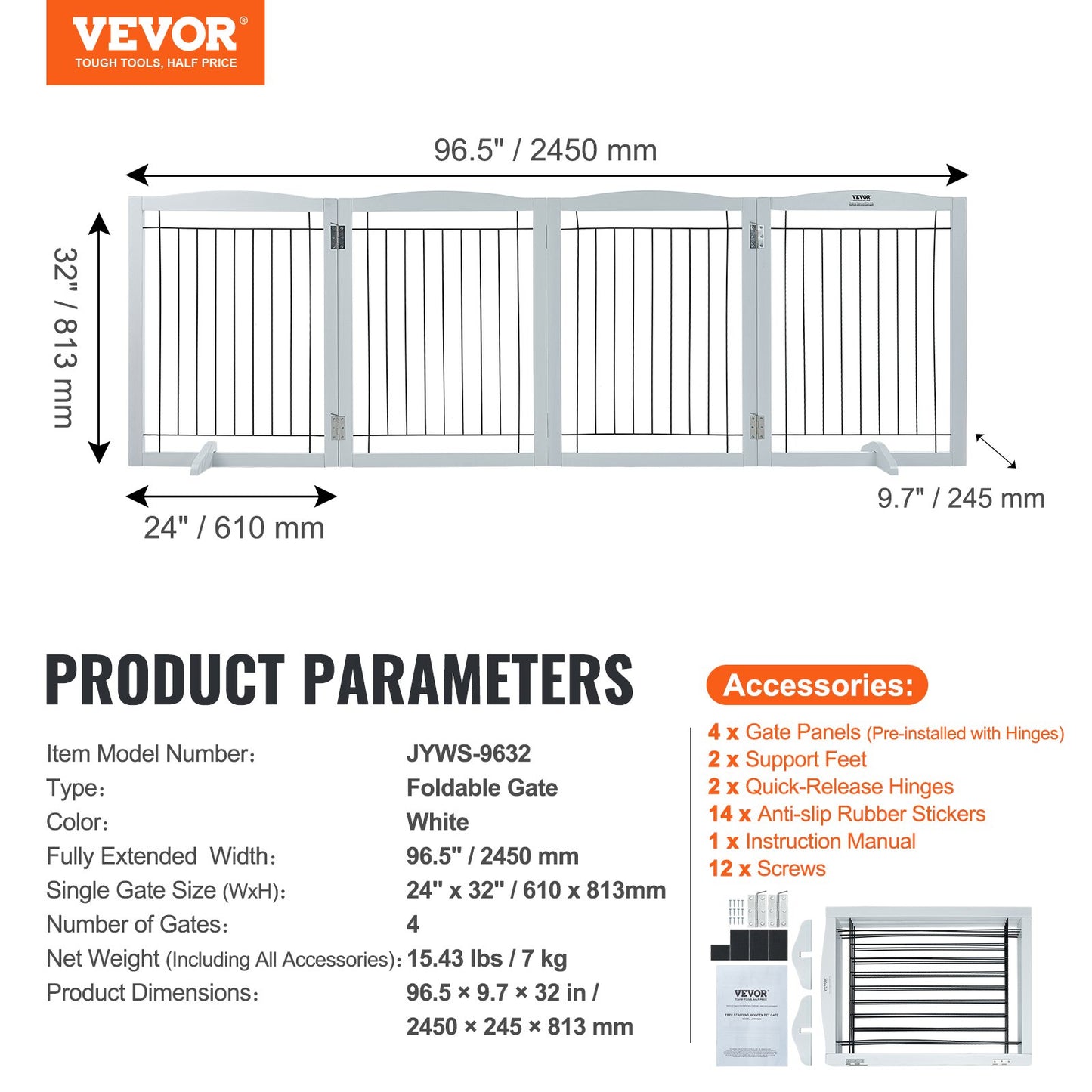 Free Standing Dog Gate, 32" H x 96.5" W Freestanding Pet Gate, 4 Panels Foldable Dog Gate for Wide and Narrow Passageways, Expandable Dog Barrier with Silent Foot Support for Indoor, White